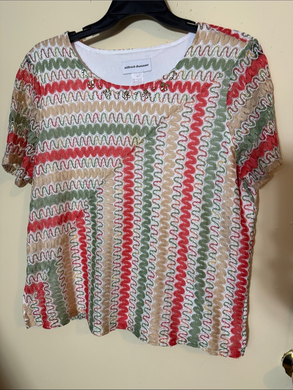 Alfred Dunner Multicolor Wavy-Stripe Short Sleeve Top - Red, Green, Tan